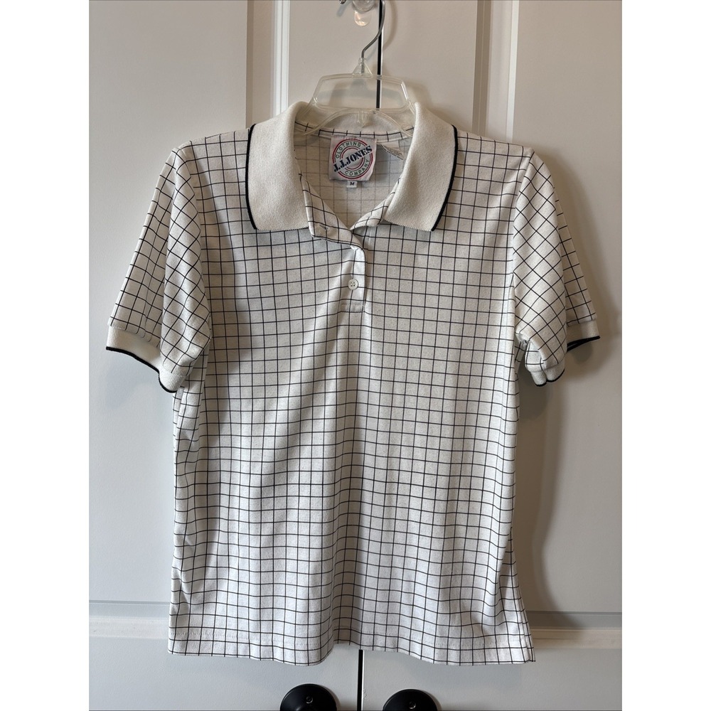 Vintage 80s JJ Jones Clothing Co Women Grid Polo Top White Black Golfcore M